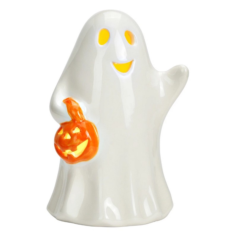 Fantasma con zucca in ceramica dotato di luce led calda, pile incluse, ideale come decoro di Halloween